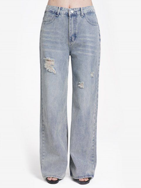 Ripped Destroyed Jeans Pocket Middle Waist Loose Denim Pants