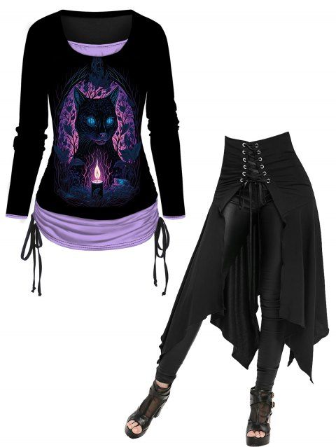 Halloween Cat Print Cinched Long Sleeve Faux Twinset Top And Open Front Lace Up Irregular Hem Skirt Outfit