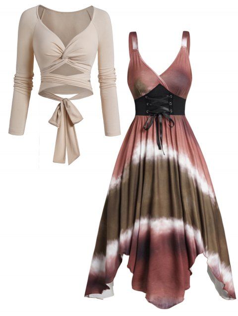 Twist Tie Back Top Long Sleeve Crop Top And Tie Dye Print Lace Up Handkerchief Hem Midi Dress Outfit