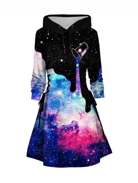 Galaxy Pouring Print Lace Up Mini Hoodie Dress Drawstring Long Sleeve Hooded Dress