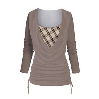 

Check Print Cowl Neck Top Cinched Ruched Faux Twinset 2 In1 Top, Coffee