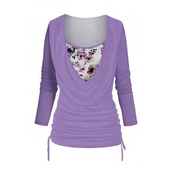 

Flower Print Cowl Neck Top Cinched Ruched Faux Twinset 2 In 1 Casual Top, Purple