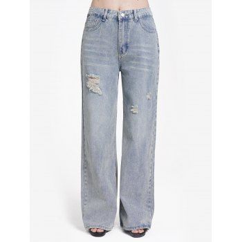 

Ripped Destroyed Jeans Pocket Middle Waist Loose Denim Pants, Light blue