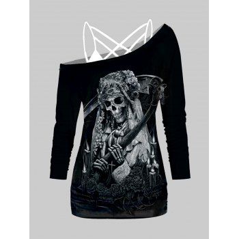 

Halloween Skeleton Grim Reaper Flower Print Skew Collar Long Sleeve Top And Lattice Spaghetti Strap Camisole Set, Black