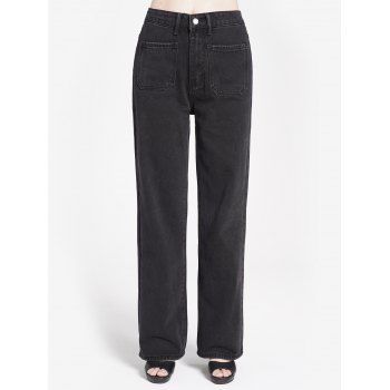 

Black Jeans Pockets Middle Waist Straight Casual Denim Pants
