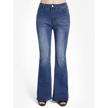 

Flare Jeans Pocket Zip Fly Middle Waist Stitching Casual Denim Pants, Blue