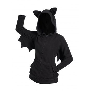 

Costume Bat Fleece Hooded Jacket Zip Up Solid Color Top With Hood, Black