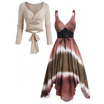 

Twist Tie Back Top Long Sleeve Crop Top And Tie Dye Print Lace Up Handkerchief Hem Midi Dress Outfit, Multicolor