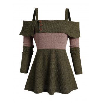 

Colorblock Cold Shoulder Knit Top Mock Button Long Sleeve Contrast Knitted Top, Deep green