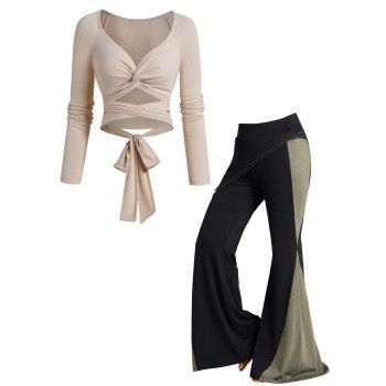 

Twist Front Crossover Tie Back Long Sleeve Top And Layered Colorblock High Waisted Wide Leg Pants Outfit, Multicolor