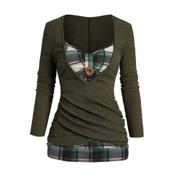 

Plaid Panel Faux Twinset Knit Crossover Mock Button Knitted Twofer Top, Deep green