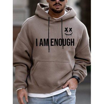 

Slogan Smiling Face Print Graphic Hoodie Kangaroo Pocket Casual Drawstring Hoodie, Coffee