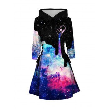 

Galaxy Pouring Print Lace Up Mini Hoodie Dress Drawstring Long Sleeve Hooded Dress, Black