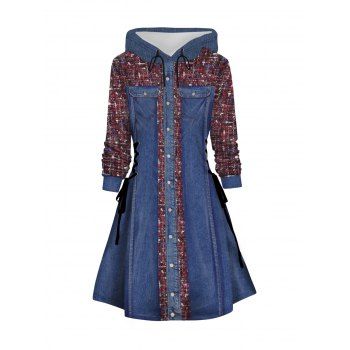 

Faux Denim 3D Print Lace Up Hoodie Dress Drawstring Long Sleeve Hooded Mini Dress, Deep blue