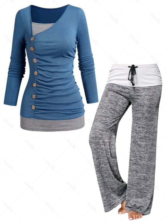 Haut Chiné Boutonné à Jambe Large en Blocs de Couleurs à Cordon Fausse Deux Pièces - multicolor S | US 4