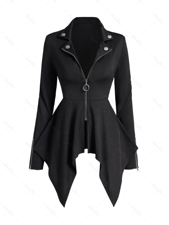 O Ring Zip Up Asymmetrical Hem Punk Coat Solid Color Mock Button Handkerchief Coat - BLACK M