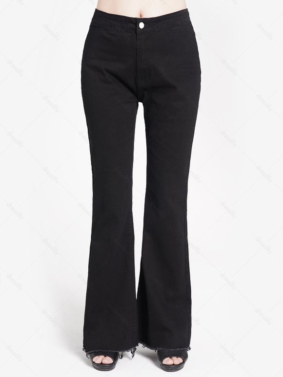Jean Décontracté Evasé Zippé Effrangé avec Poche en Denim - Noir M