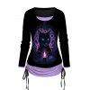 Halloween Cat Print Cinched Long Sleeve Faux Twinset Top And Open Front Lace Up Irregular Hem Skirt Outfit - BLACK S | US 4