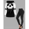 Halloween Skull Print Women Hoodie And High Rise Pocket Snap Button Leggings Outfit - BLACK S | US 4