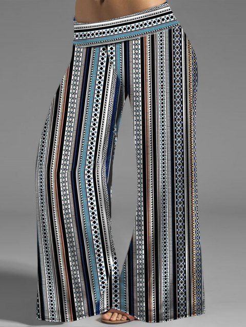 Plus Size Tribal Stripe Pattern Wide Leg Pants Allover Print Long Casual Loose Pants