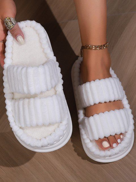 Pure Color Open Toe Home Fluffy Slippers