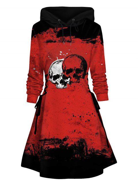Lace Up Mini Hoodie Dress Skull Splatter Paint Print Hooded Dress