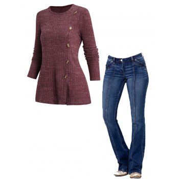 

Heathered Ribbed Knit Mock Button Long Sleeve Top And Topstitching Pockets Zipper Fly Long Flare Jeans Outfit, Multicolor