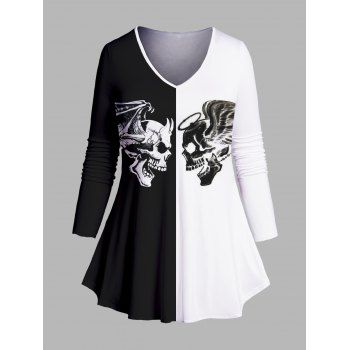

Plus Size & Curve Two Tone Halloween T-shirt Skull Wing Print Long Sleeve V Neck Colorblock Tee, Black