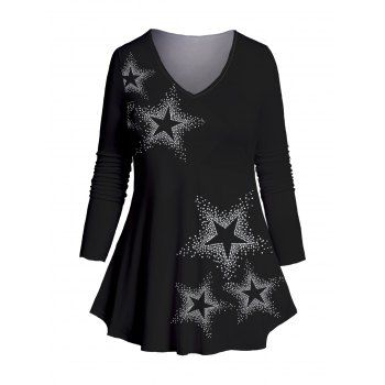 

Plus Size & Curve Full Sleeve T-shirt Sparkle Star Print V Neck Long Tee, Black