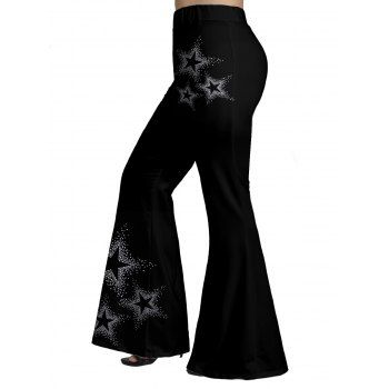 

Plus Size & Curve Long Flare Pants Sparkle Star Pattern High Waist Pants, Black