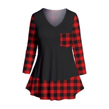 

Plus Size Plaid Print T-shirt Long Sleeve V Neck Curved Hem Casual Tee, Red