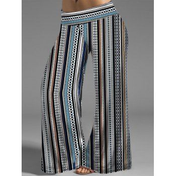 

Plus Size Tribal Stripe Pattern Wide Leg Pants Allover Print Long Casual Loose Pants, Deep blue