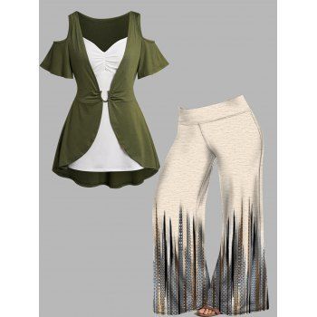 

Plus Size Colorblock Cold Shoulder Short Sleeve Top And Tribal Stripe Print Wide Leg Pants Outfit, Multicolor