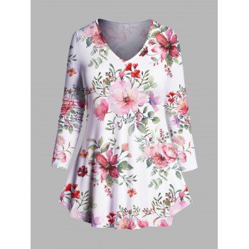 

Plus Size & Curve Flower Allover Print Cottagecore T-shirt Long Sleeve V Neck Tee, White