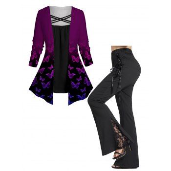 

Plus Size Outfit Butterfly Print Ombre Crisscross Faux Twinset Top And Lace Up Long Flare Pants Set, Black