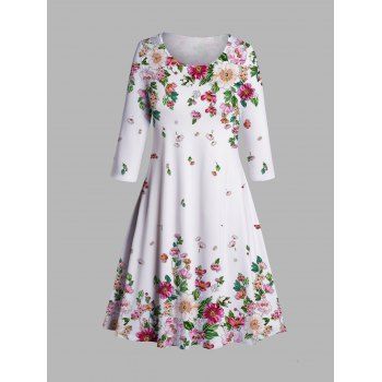 

Plus Size & Curve Cottagecore Dress Flower Print Scoop Neck A Line Dress, White