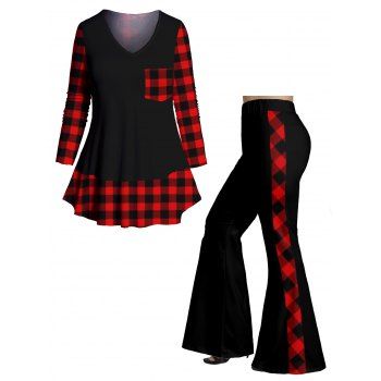 

Plus Size Plaid Outfit Long Sleeve V Neck T-shirt And High Waist Long Flare Pants Outfit, Red