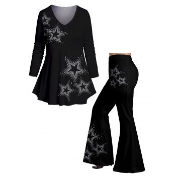 

Plus Size & Curve Outfit Sparkle Star Print Long Sleeve T-shirt And High Waist Flare Pants Set, Black