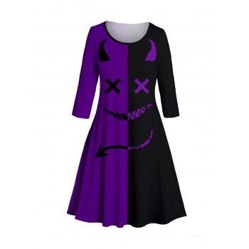 

Plus Size & Curve Two Tone Midi Dress Evil Smiling Face Print A Line Dress, White