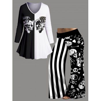 

Plus Size Halloween Outfit Wing Skull Print Two Tone T-shirt And Stripe Skeleton Print Wide Leg Pants Set, Black
