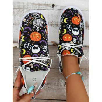 

Halloween Cartoon Pumpkin Skull Ghost Pattern Lace Up Canvas Shoes, Black