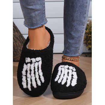 

Halloween Skeleton Hand Pattern Fleece Warm Fluffy Slippers, Black