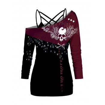 

Halloween Skull Star Letter Colorblock Print Skew Collar T-shirt And Lattice Spaghetti Strap Camisole Set, Deep red