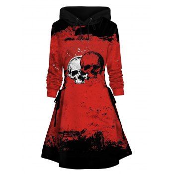 

Lace Up Mini Hoodie Dress Skull Splatter Paint Print Hooded Dress, Red