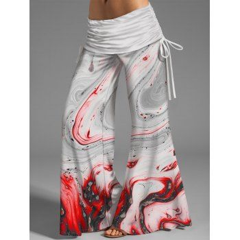 

Psychedelic Marble Print Wide Leg Pants Cinched Ruched Foldover Loose Flare Pants, White