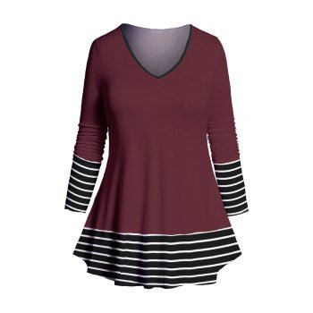 

Plus Size & Curve Long Sleeve T-shirt Stripe Print Panel V Neck Casual Tee, Deep red