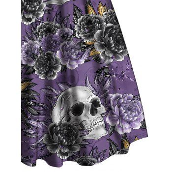 Skull Flower Print Long Sleeve Dress Crossover Sweetheart Neck Midi Dress