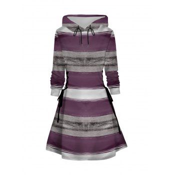 

Stripe Print Lace Up Hoodie Dress Drawstring Long Sleeve Hooded Mini Dress, Purple