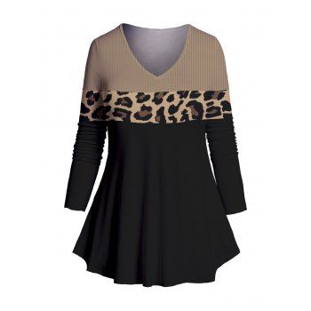 

Plus Size Leopard Print Colorblock T-shirt Long Sleeve V Neck Curve Tee, Coffee