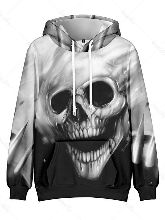 Ombre Skull 3D Print Gothic Hoodie Kangaroo Pocket Drawstring Casual Hoodie - multicolor 3XL